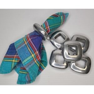 6 Pottery Barn Silver Metal Square Industrial Napkin Rings Heavy Brutalist